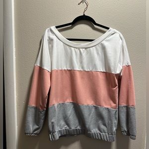 Size small, long sleeve, white/pink/gray, lightweight, scrunch bottom